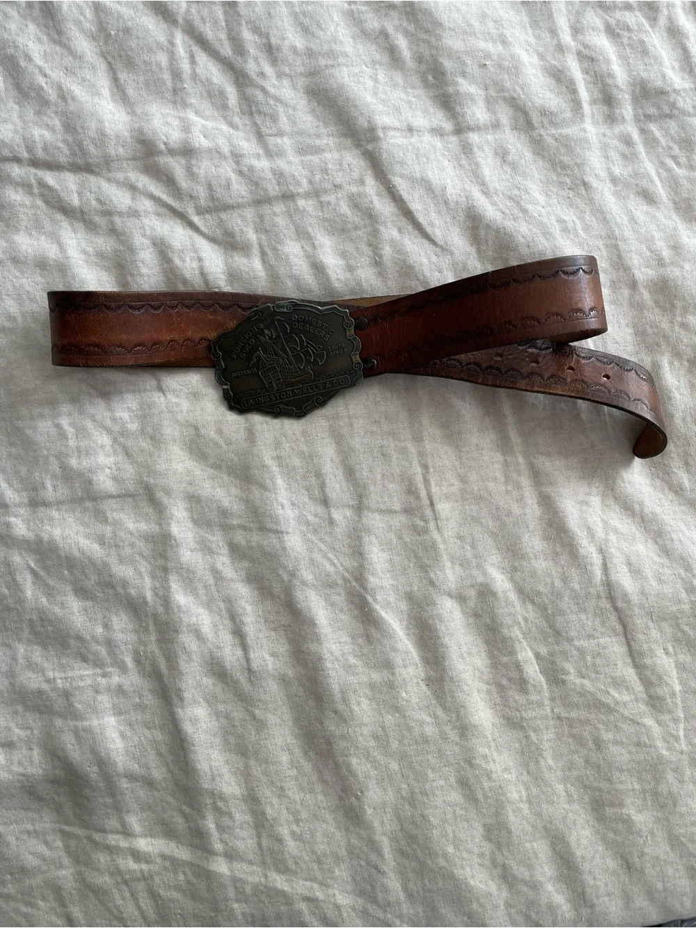 Vtg Leather Belt And Buckle Foreign Domestic Gold Dealers Livingston Wells & Co